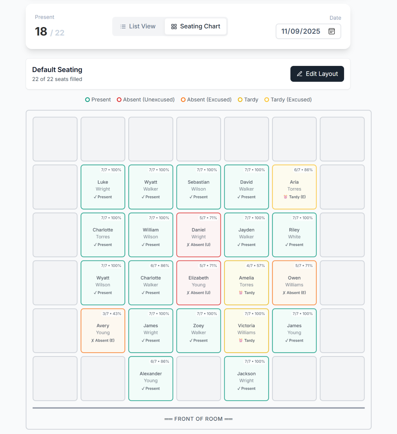 Drag-and-drop seating chart with attendance status overlay